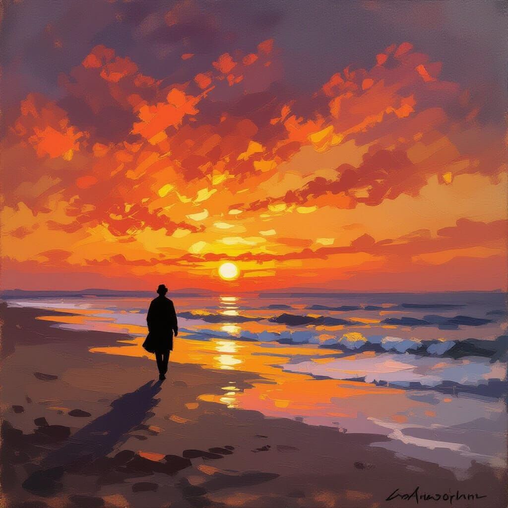 Impressionist Beach Sunset Painting with Lone Figure
