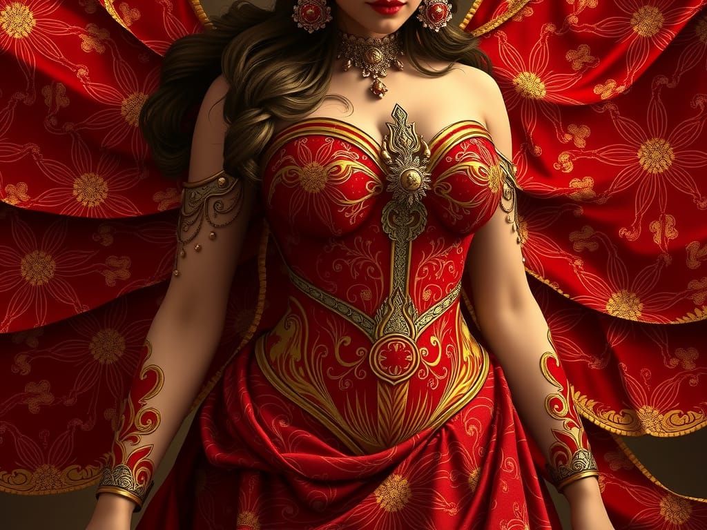 Crimson Goddess in Red and Gold Gown