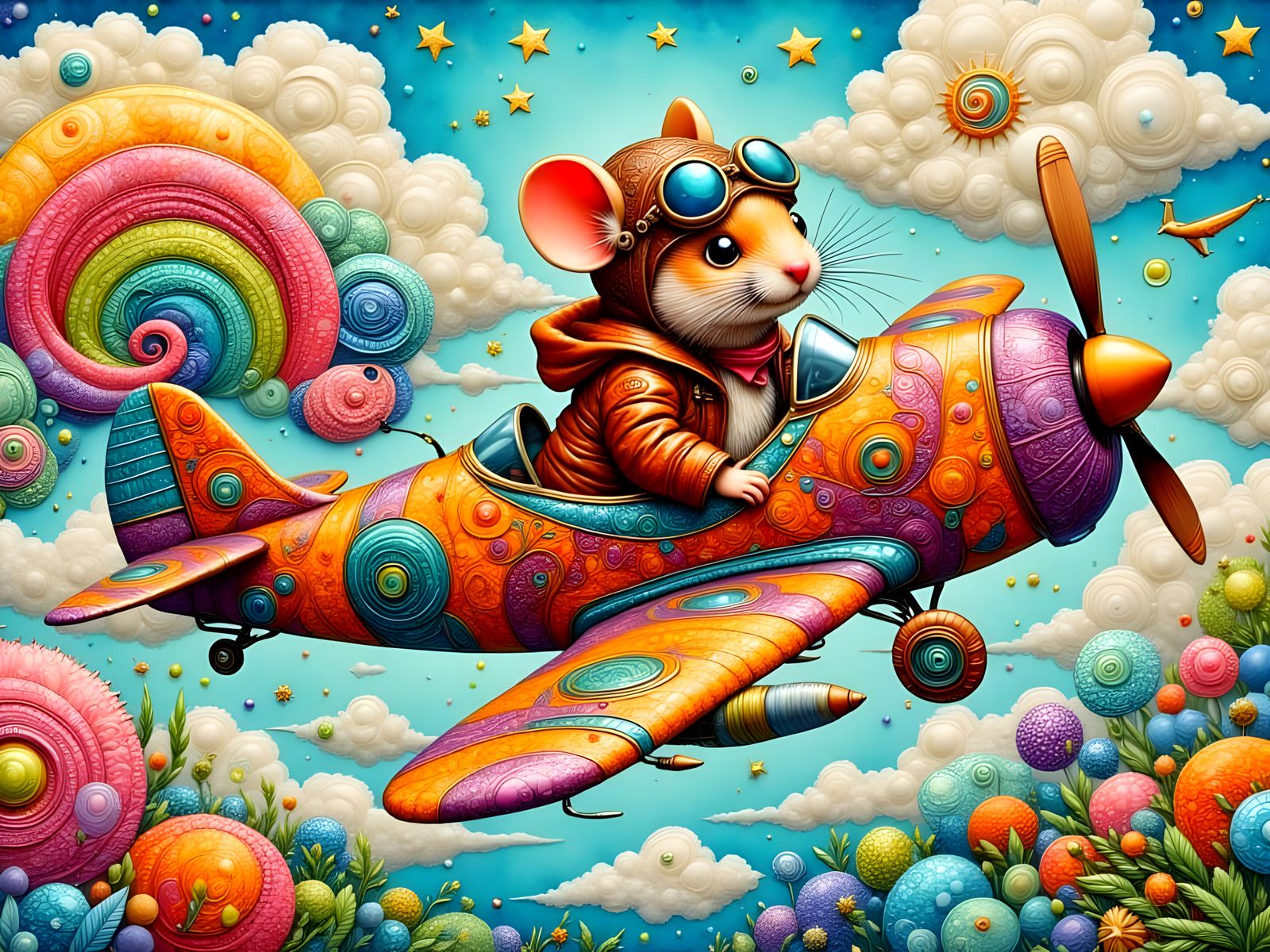 Whimsical Zentangle Cartoon of a Brave Little Mouse Pilot