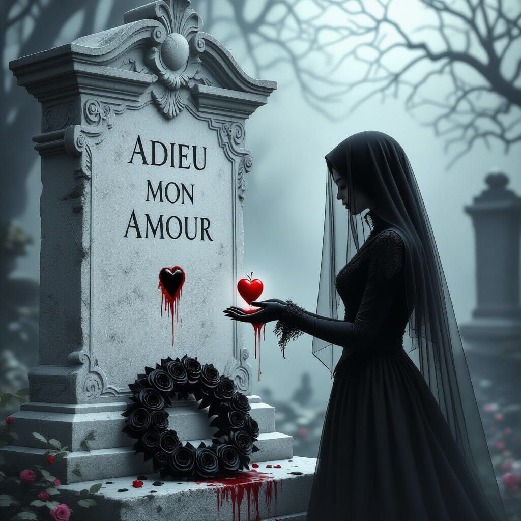 Grieving Woman Offers Bleeding Heart at Somber Tomb