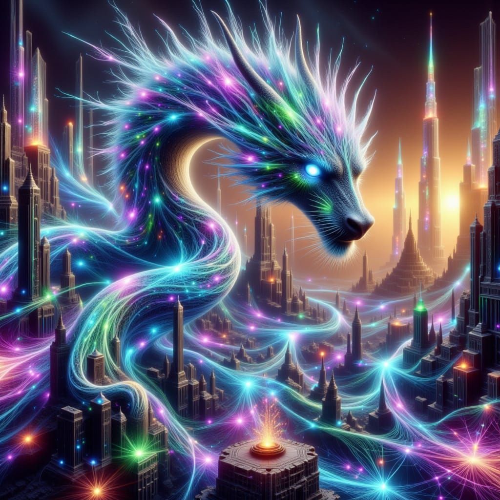 Bioluminescent Dragon Embraces Futuristic Cityscape