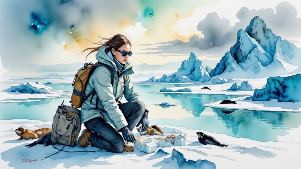 Scientist in Serene Polar Landscape Watercolor