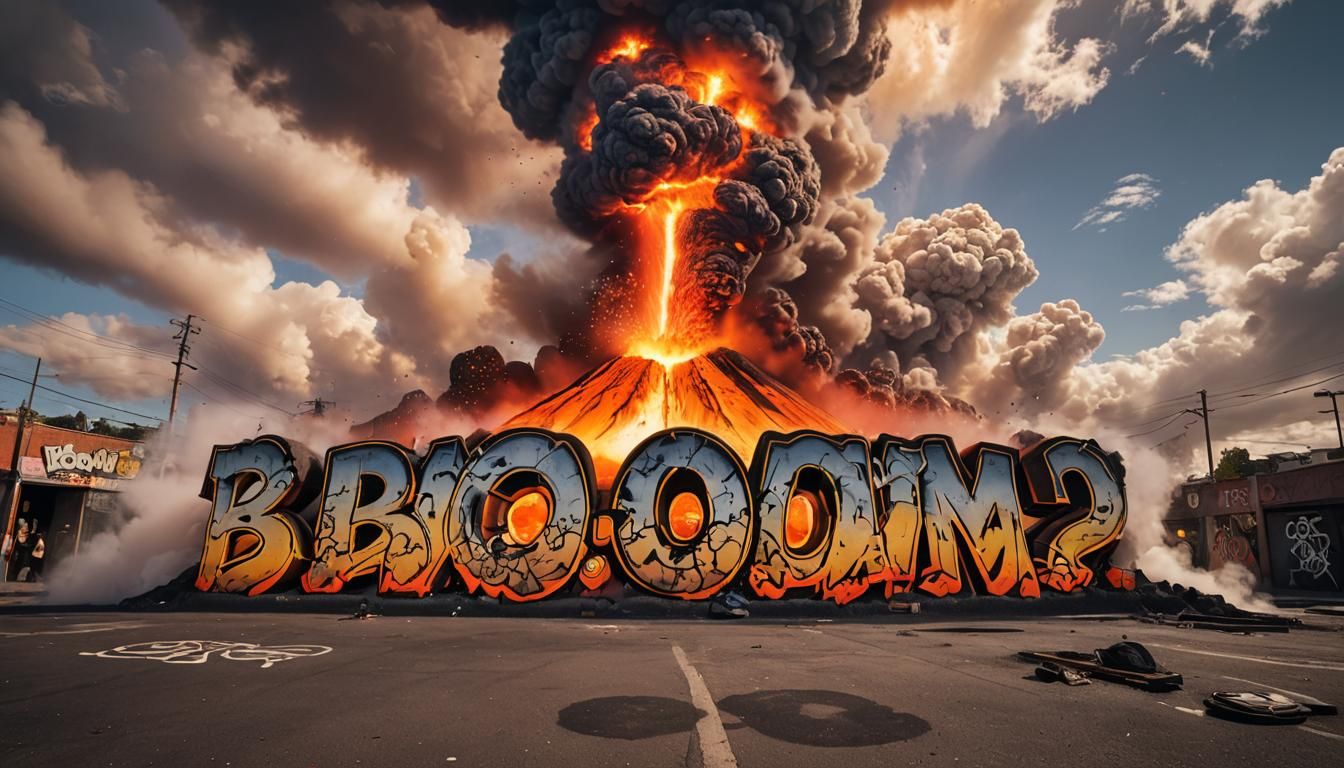 Volcanic Graffiti: "Boom!" in Fiery Smoke