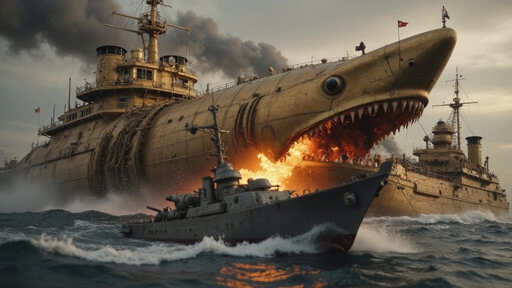Steampunk Shark Battleship Ramming in Heavy Seas
