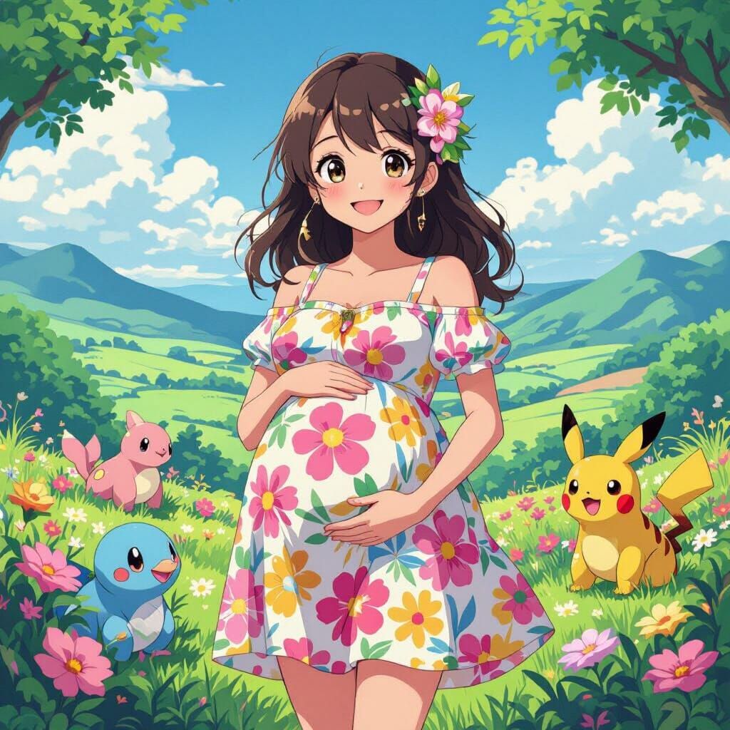 Pregnant Anime Girl in Alola, Murakami-Inspired Art