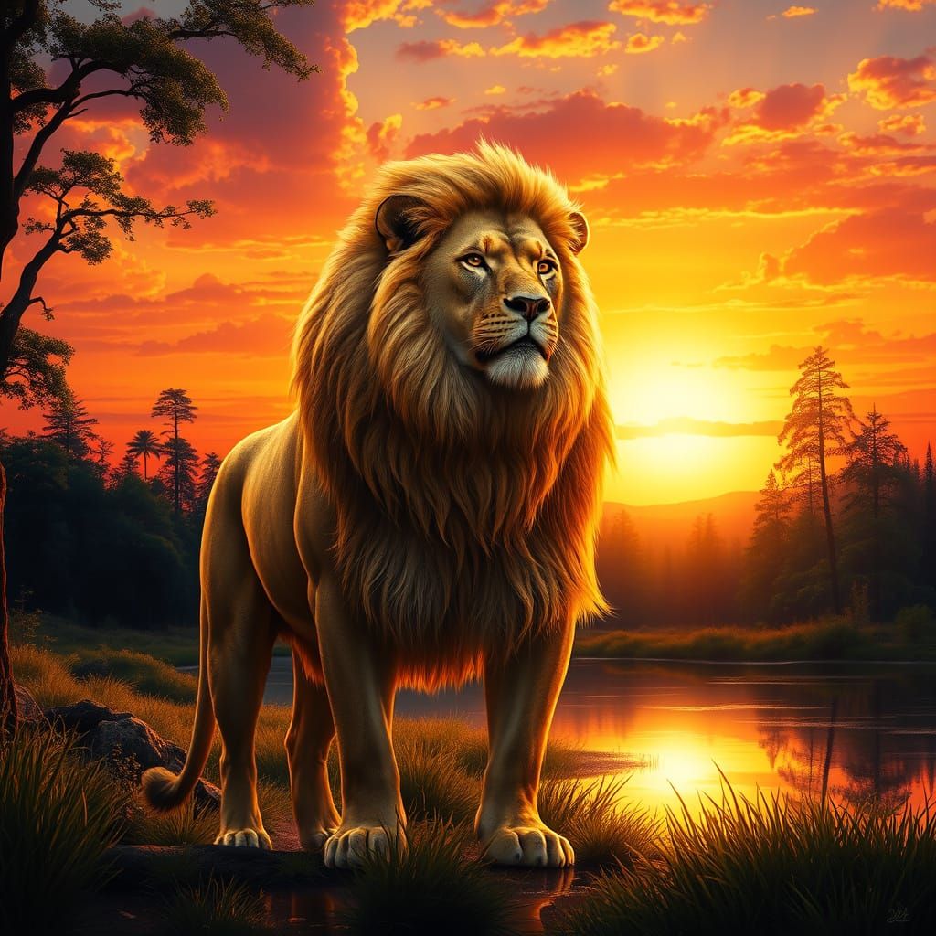 A Regal Lion in Hyperrealistic Sunset Splendor