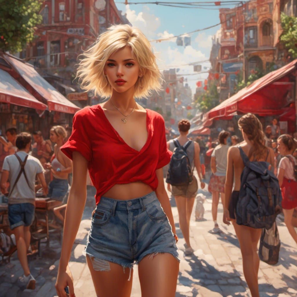 Hyperrealistic Girl in Red Top Walking in Town