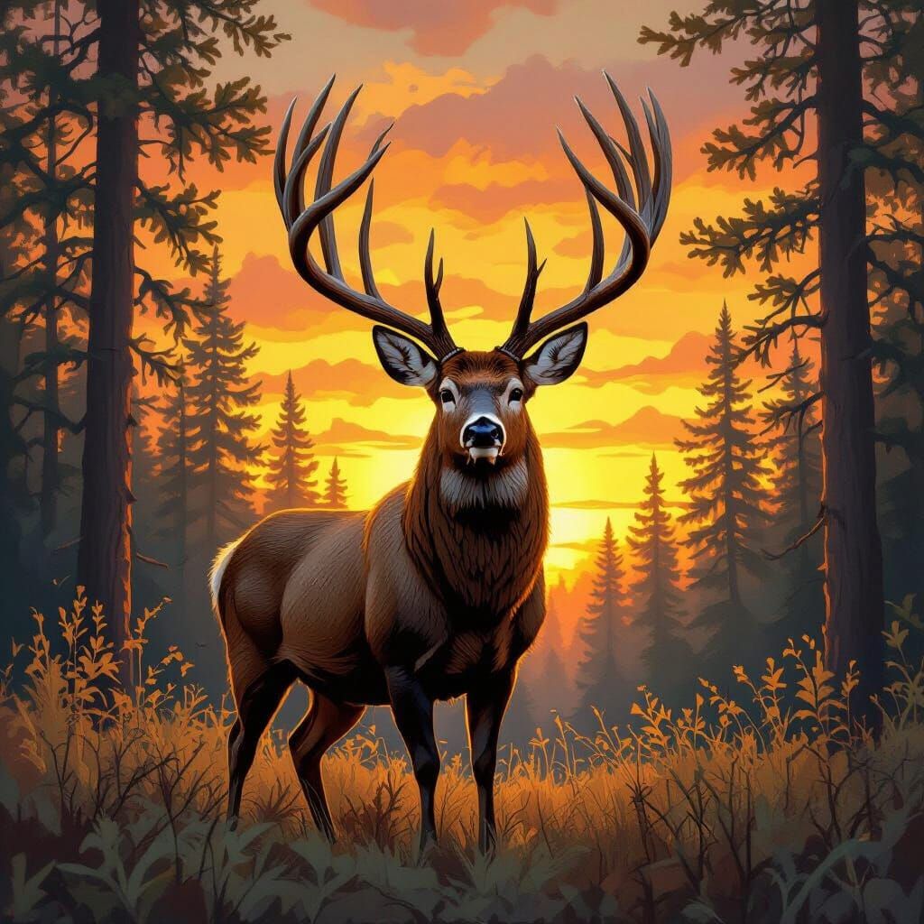 Majestic Buck Deer in Forest Sunset, Landscape Painting
