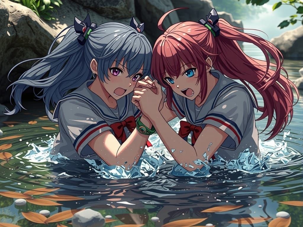 Anime Schoolgirls Wrestling in Creek