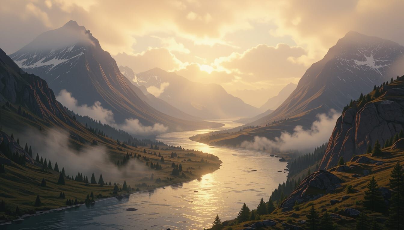 Ancient River in Rugged Mountains, Ethereal Golden Light