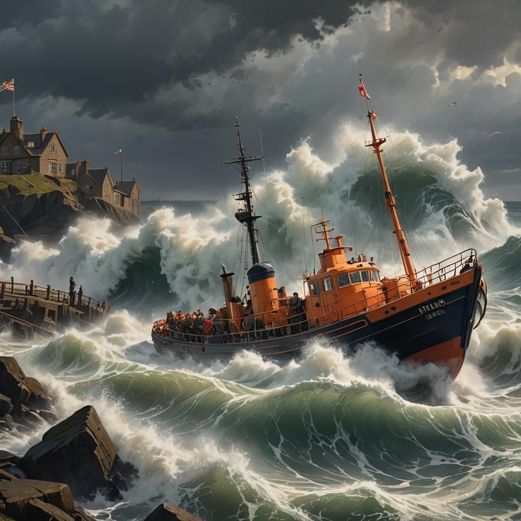 Lifeboat Launch into Stormy Sea: 1940s Art