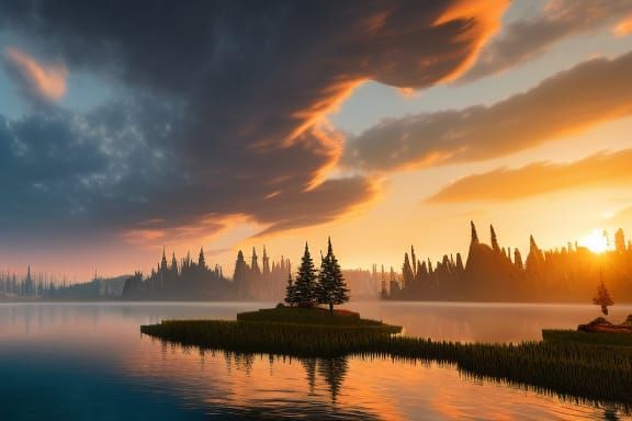 Fantastical Sunrise on a Serene Lake in Vibrant Colors