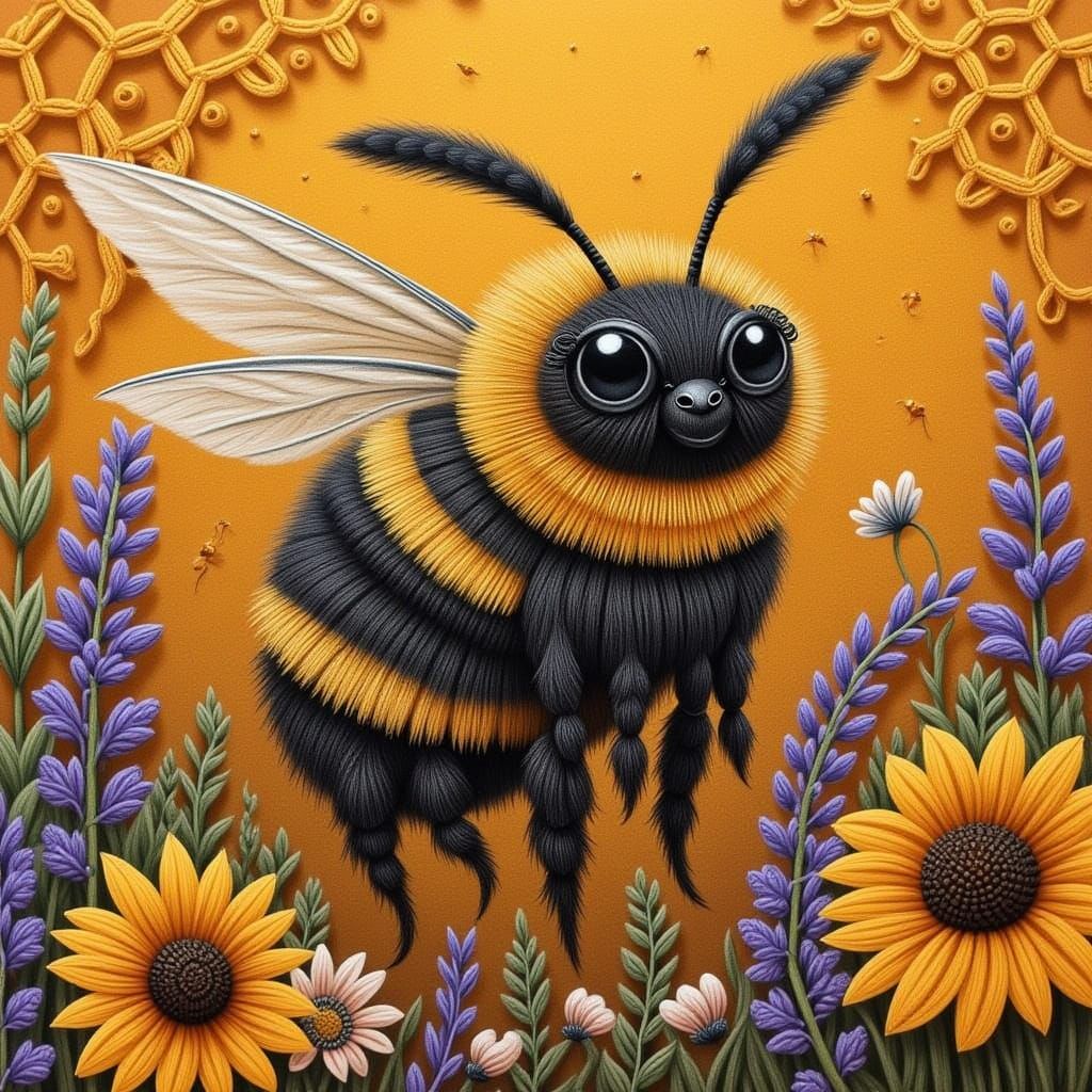 Whimsical Bee in a Troy Litten-Inspired Garden Scene
