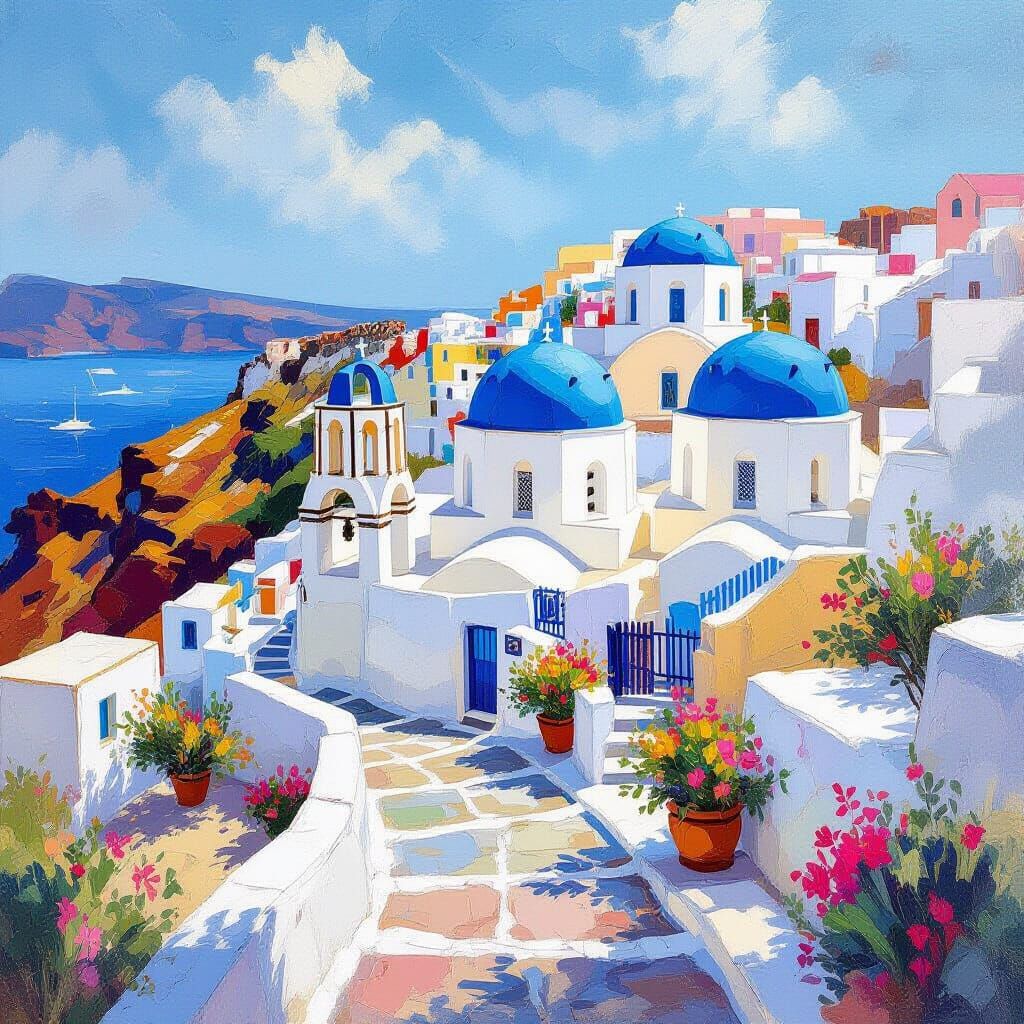 Picturesque Greek Village in Impressionist Style