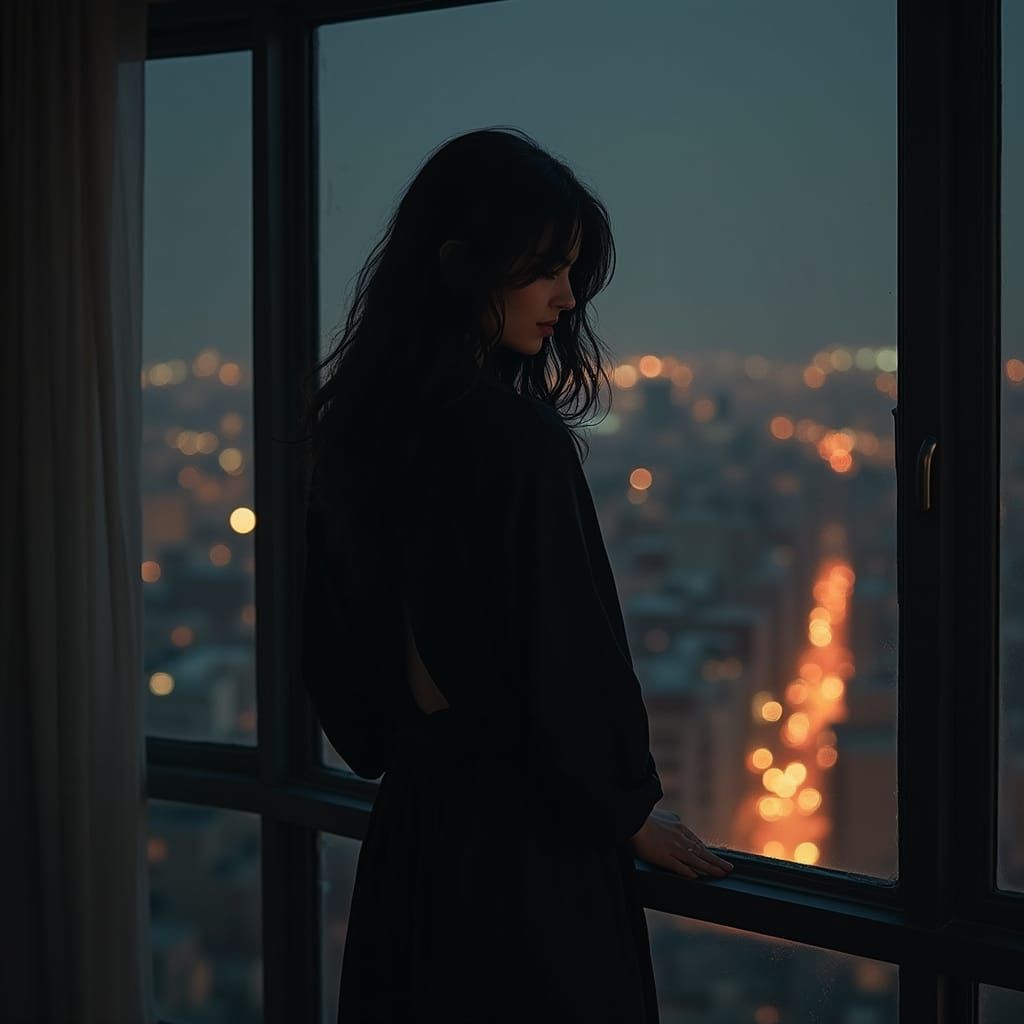 Woman in Silk Robe Gazing at City Lights