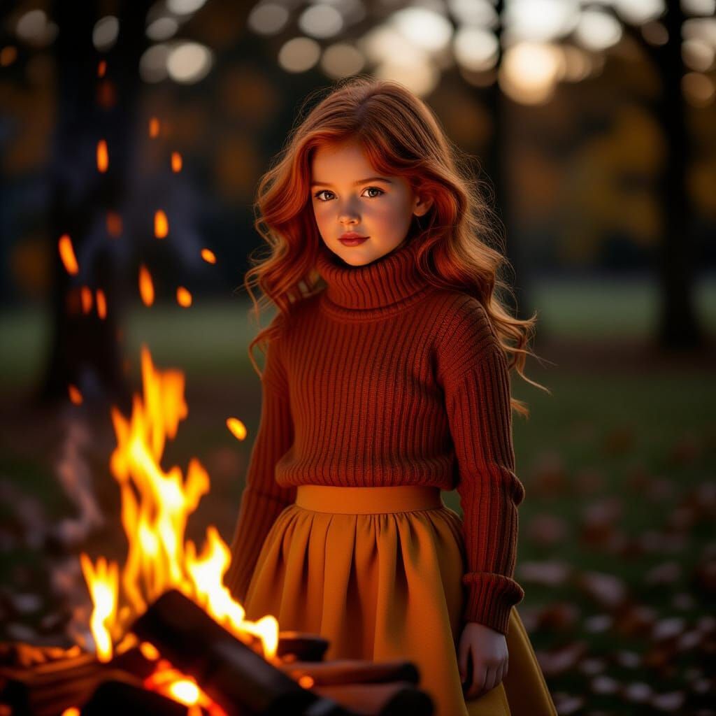 Girl Illuminated by Bonfire Glow in Autumnal Sophistication