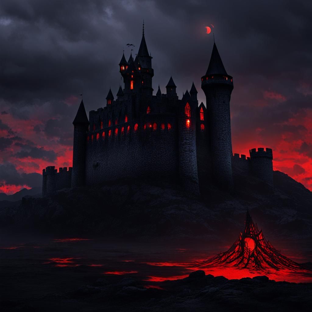 Blood-Red Castle Silhouette Against Crimson Sky