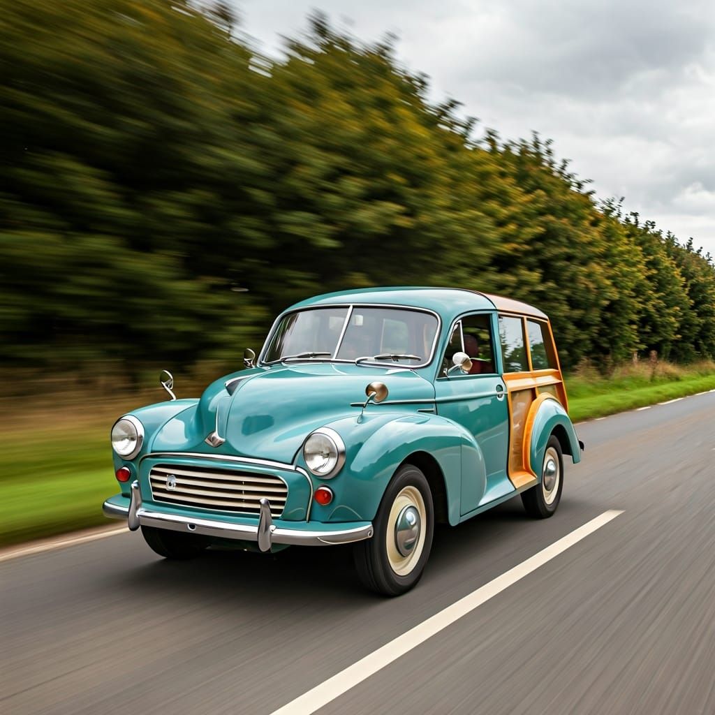 Morris Minor on Country Road in Nostalgic Style