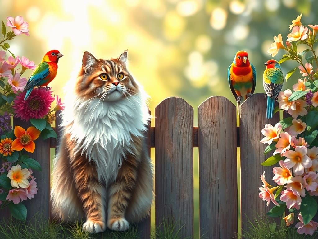 Fluffy Cat by Flower-Adorned Fence with Birds