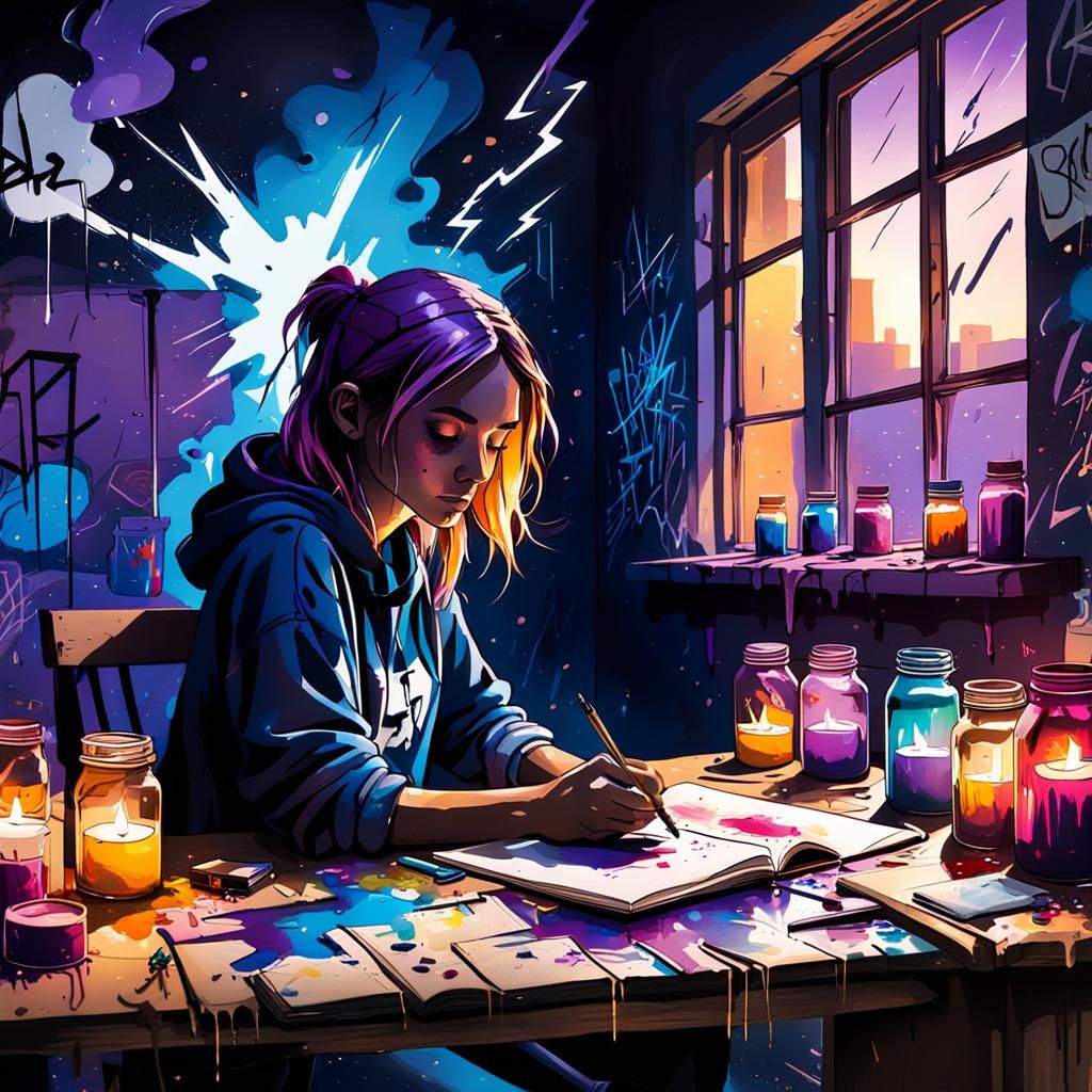 Teenage Girl in Graffiti Art Style During Storm