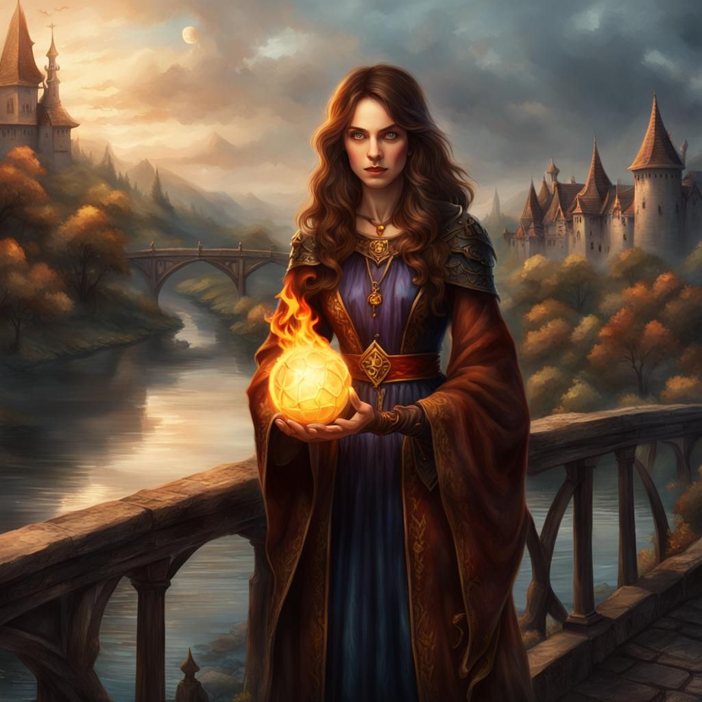 Sorceress on Bridge Holding Fireball