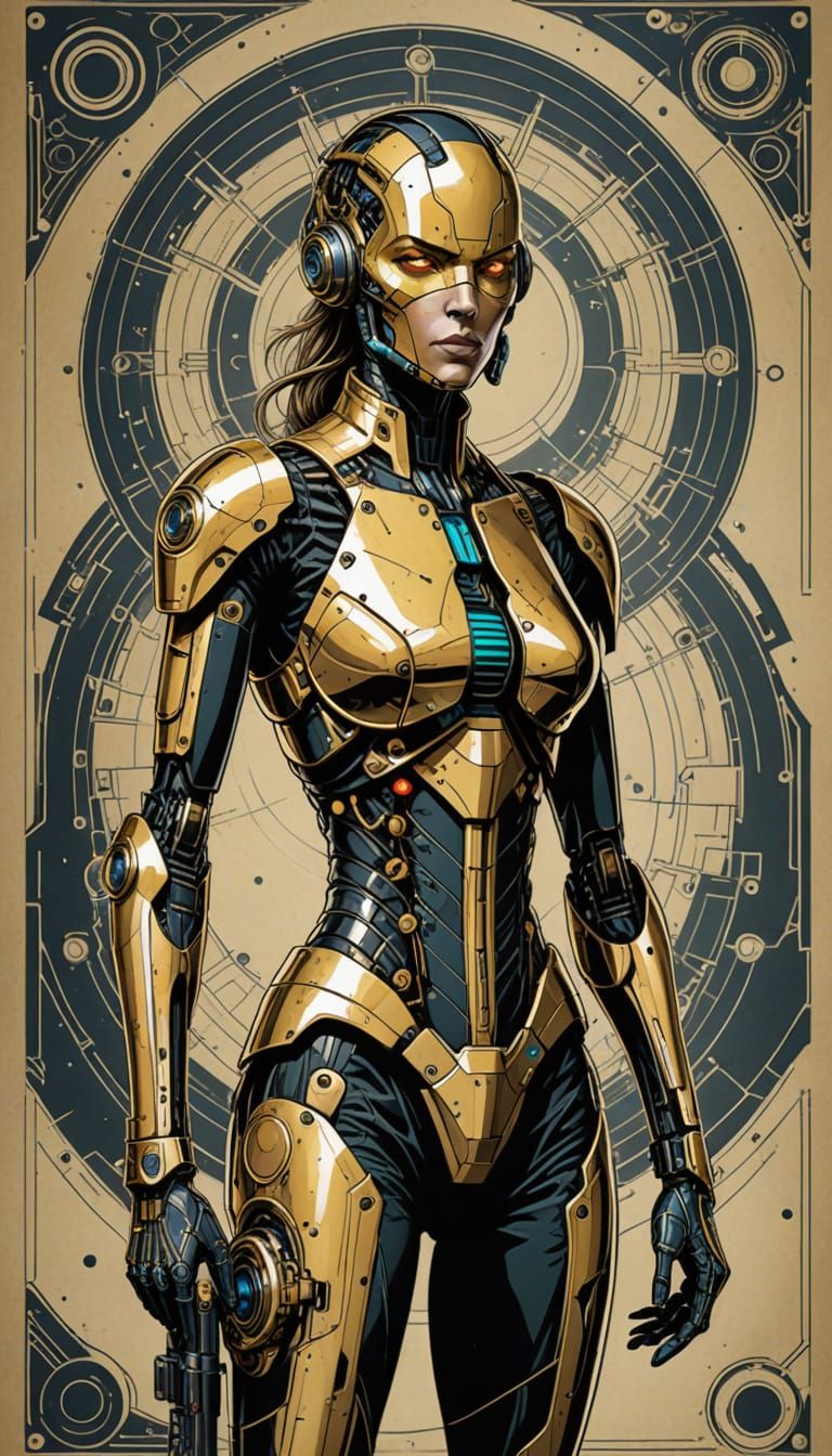 Stealthy Cyborg Agent in Golden Memphis Style