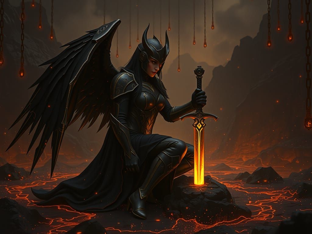 Dark Winged Warrior in Volcanic Cavern