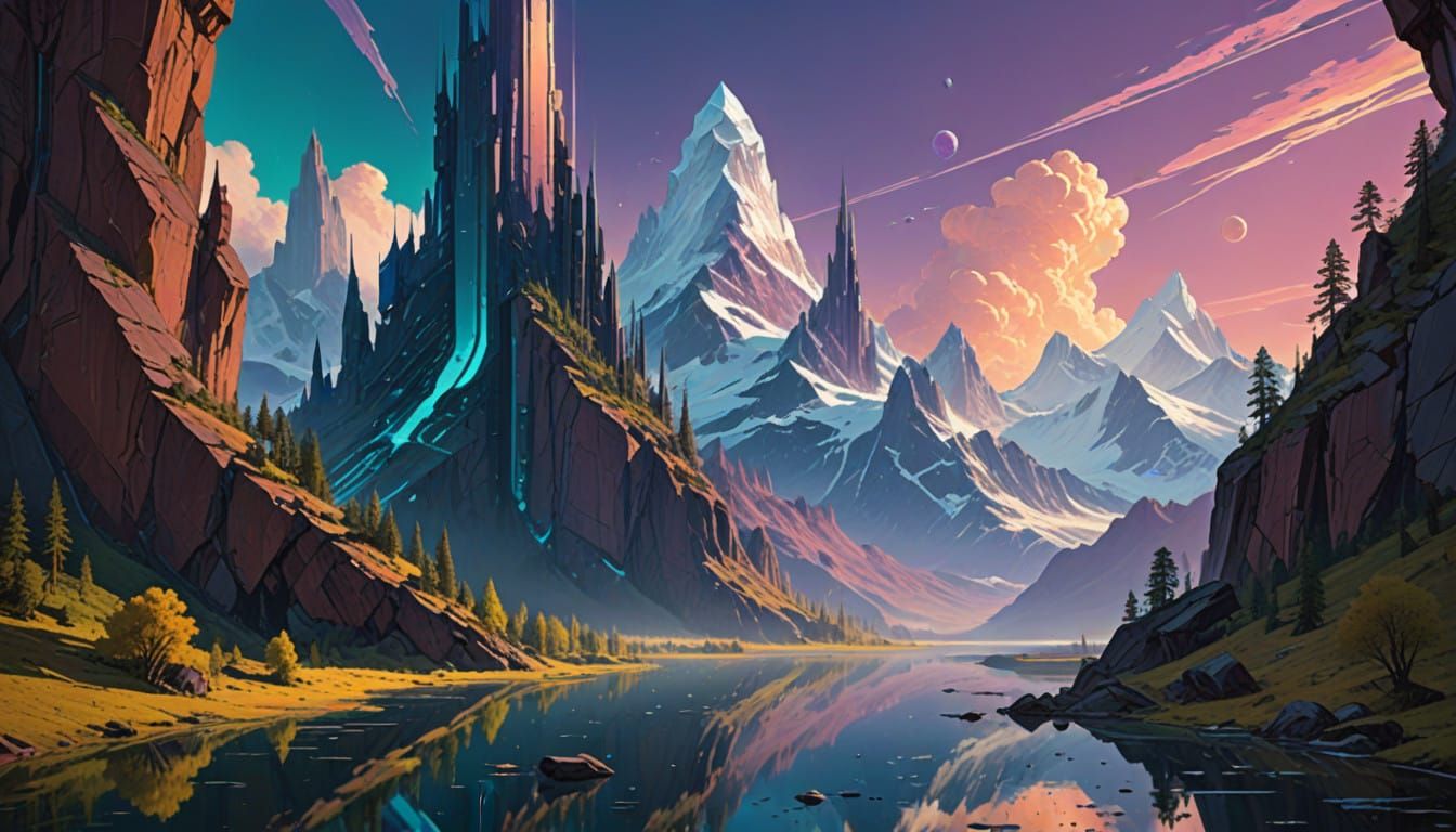 Futuristic Dam on Iridescent Lake in Dreamy, Alien Landscape