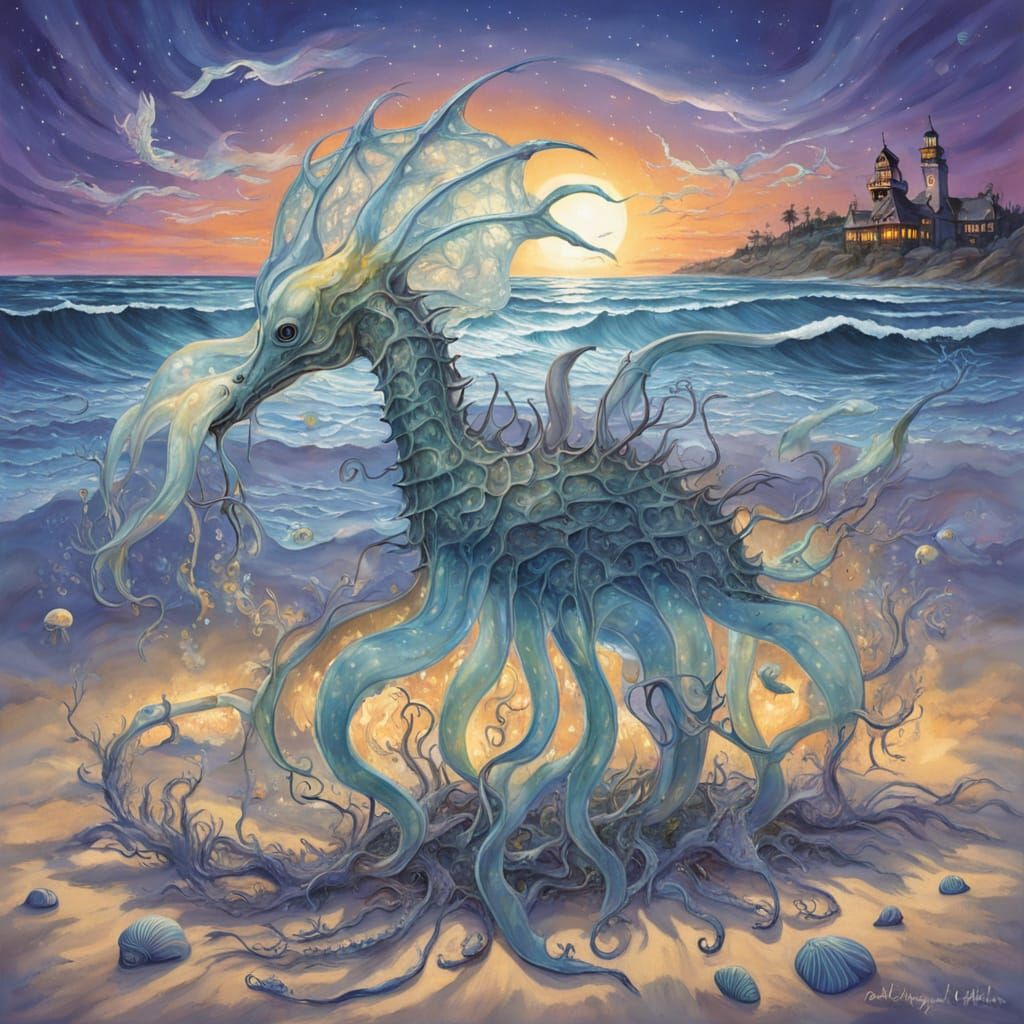 Cosmic Hybrid Creatures on Moonlit Beach