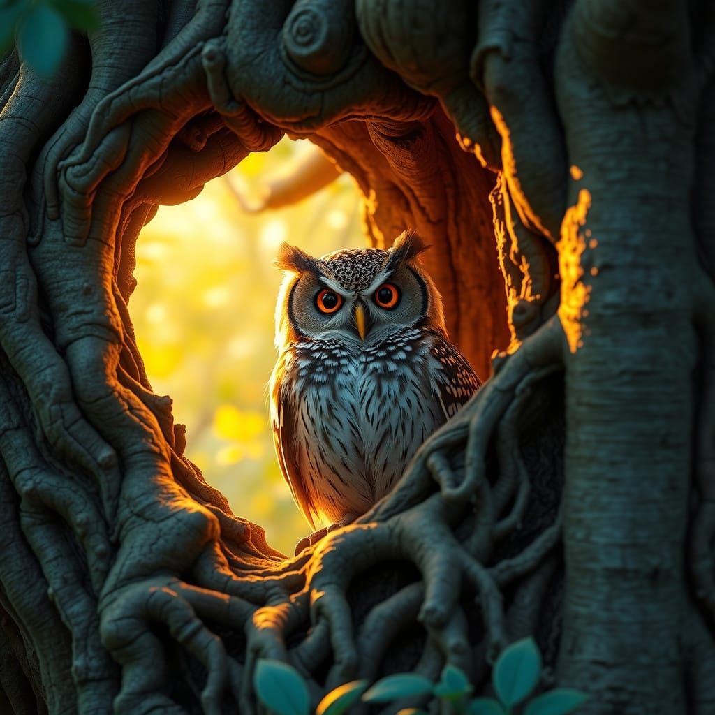 Majestic Eastern Screech Owl Surrounded by Aspen Tree Roots...