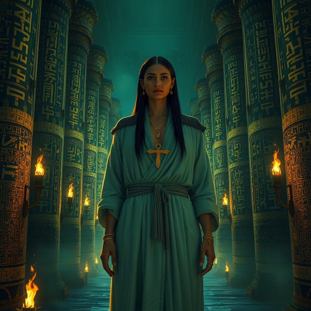 Egyptian Priestess Deciphers Glowing Hieroglyphs in Dark Cha...