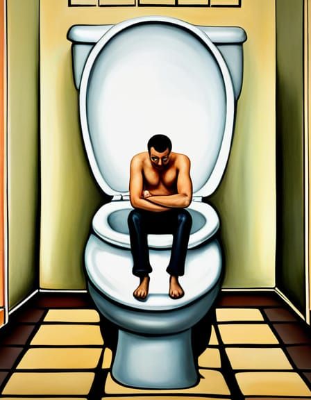 Tiny man sitting on huge toilet 4 hours 🚽💩💨