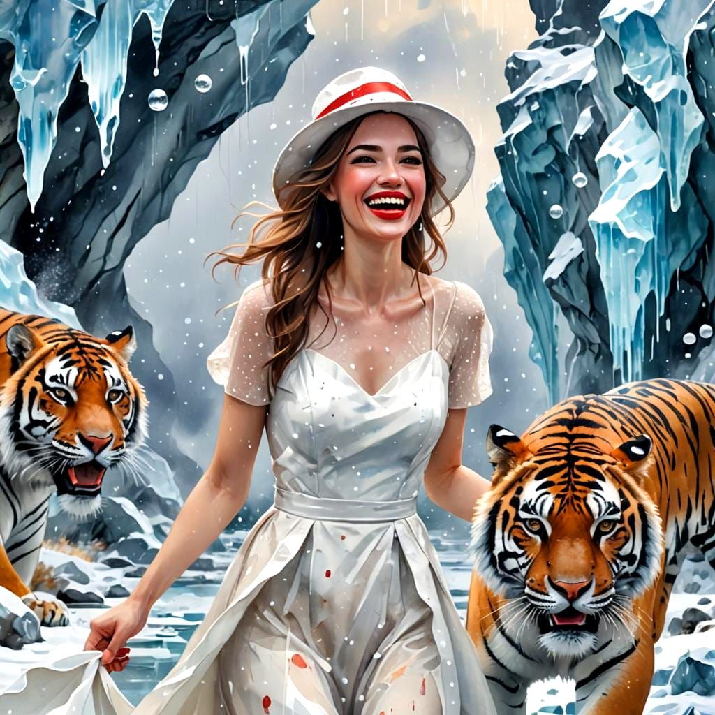 Woman and Tiger in Snowy Fantasy Landscape