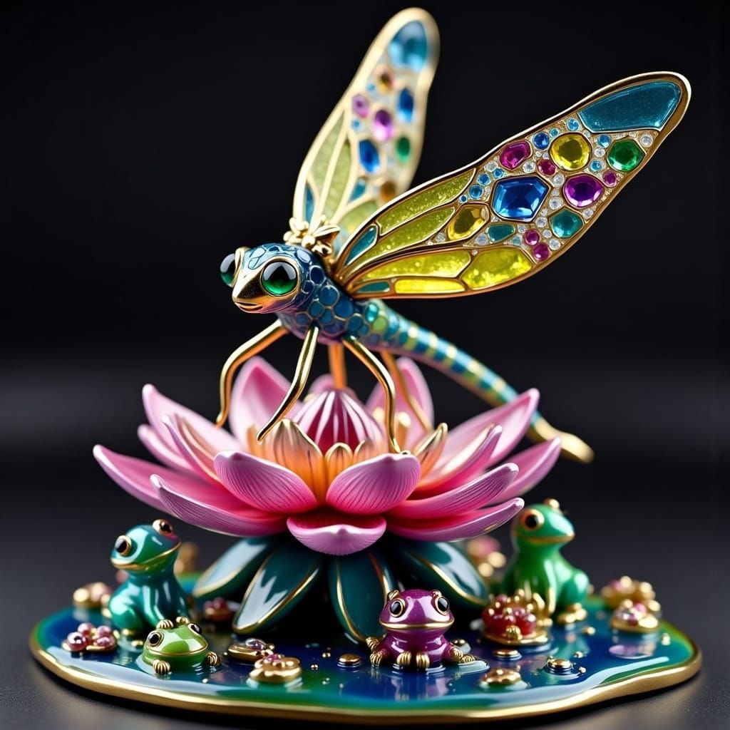 Jewel Encrusted Dragonfly Statue on Lotus Flower
