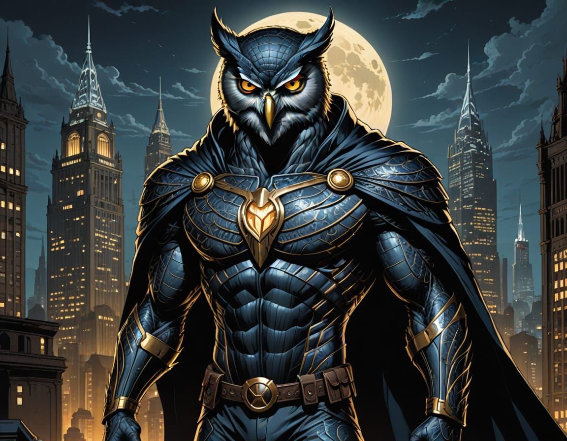 Gritty Comic Book Hero Owl Man in Dark Urban Landscape