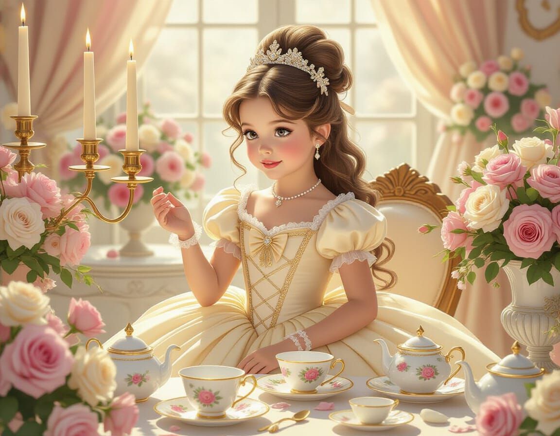 Victorian Princess Tea Party in Watercolor Style