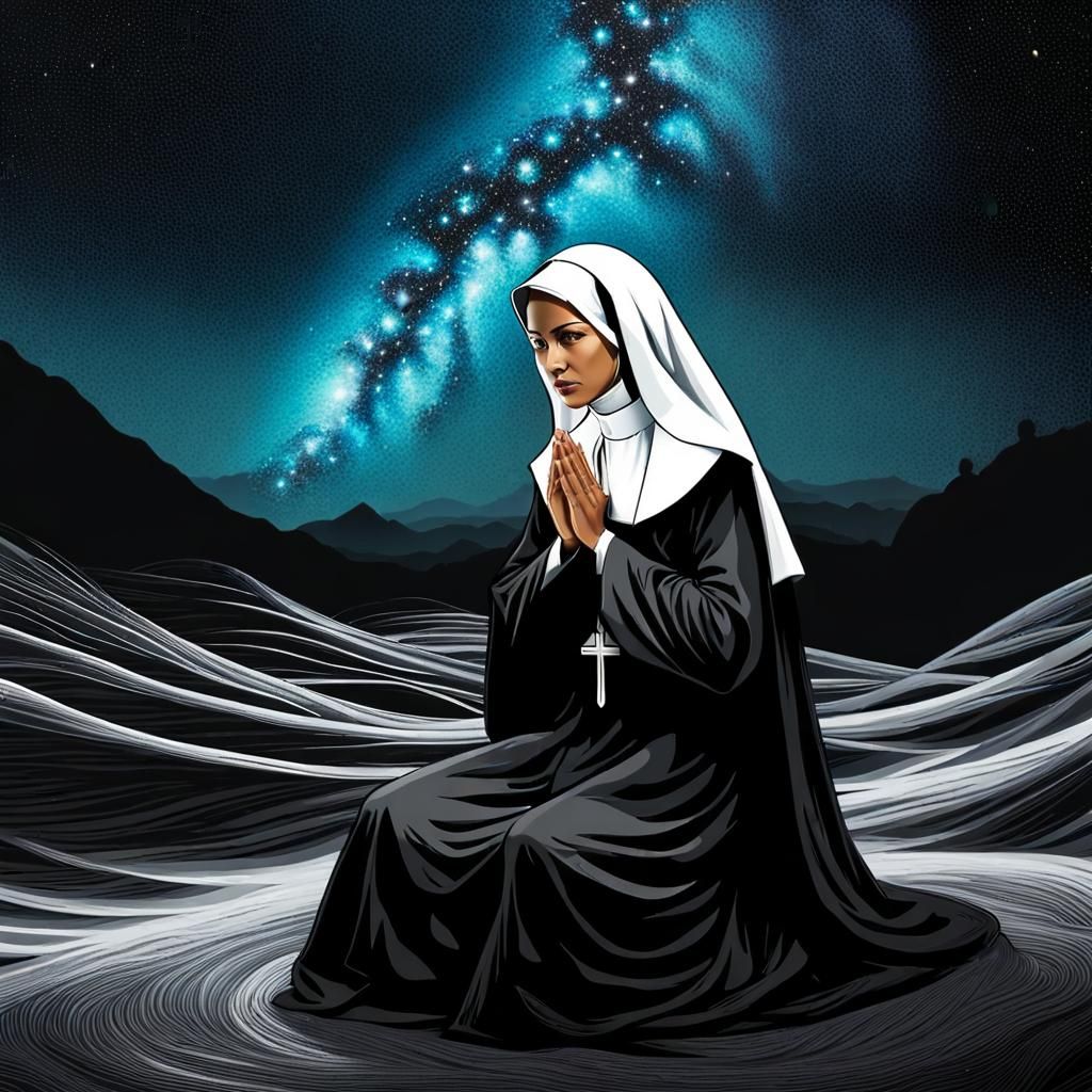 Nun Praying Under Alien Skies: Charcoal Drawing