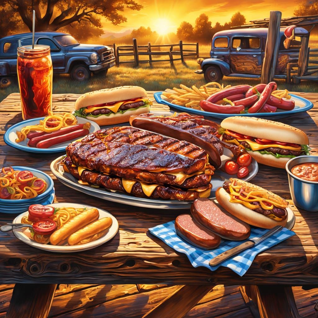 Mouthwatering BBQ Feast in Airbrush Art Style