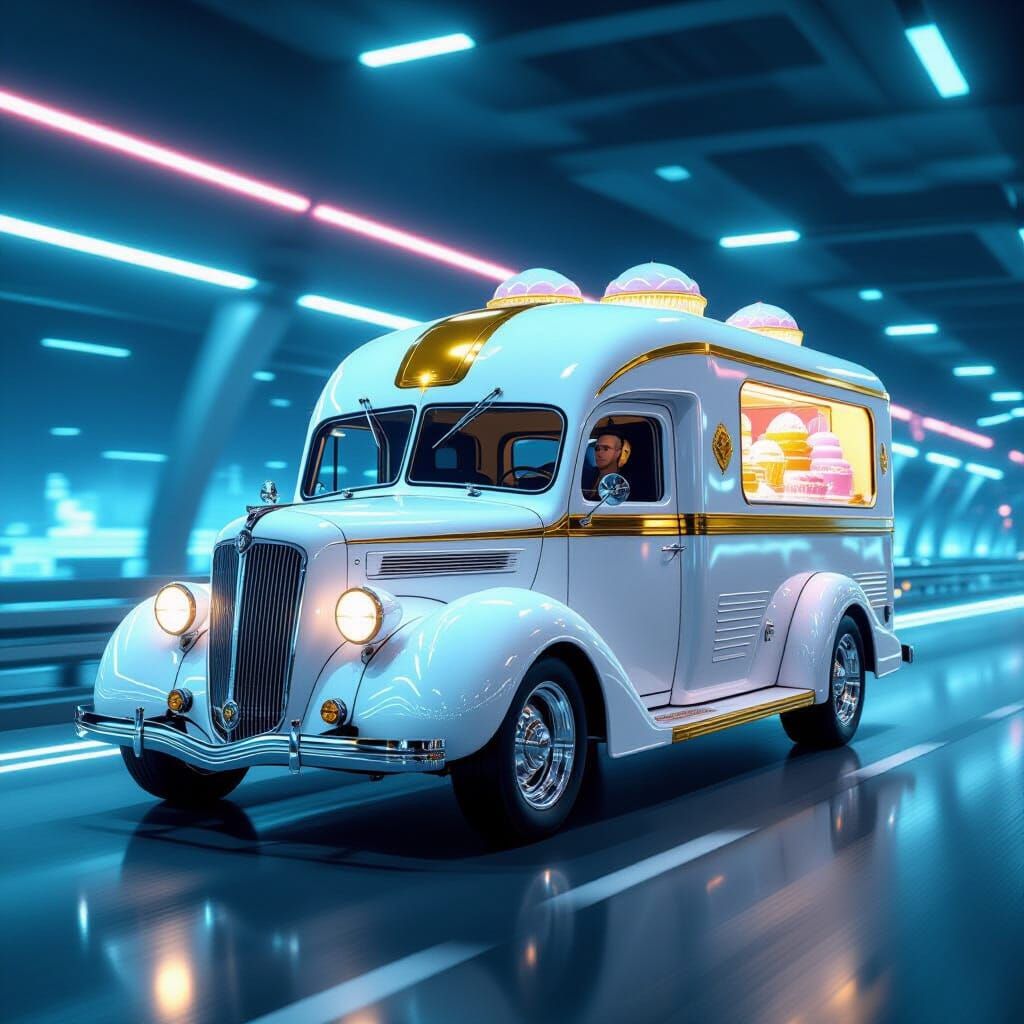 Art Deco Ford Ice Cream Truck on Highway