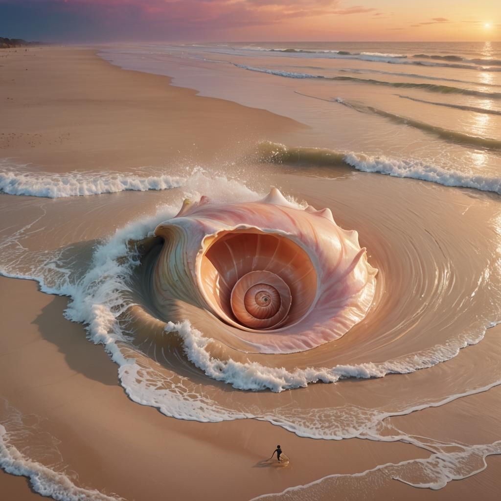 Surreal Conch Shell Wave on Beach: Pastel Digital Art