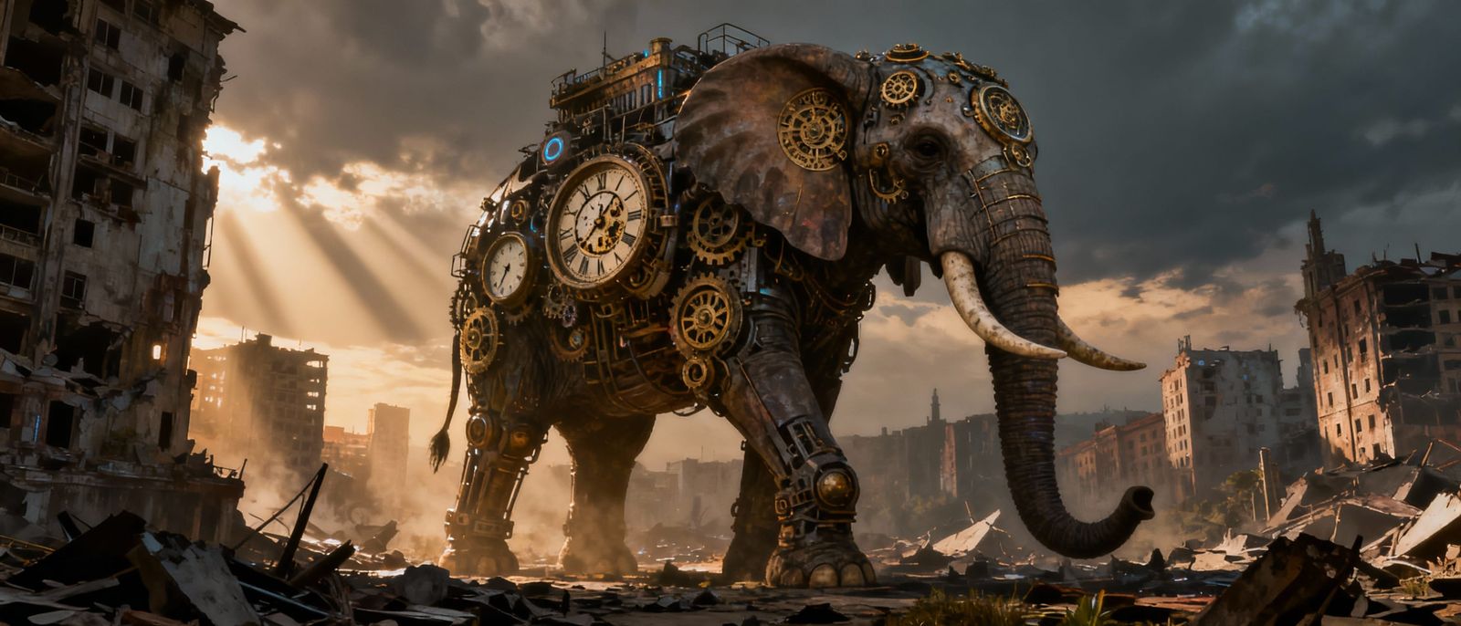 Biomechanical Elephant in Apocalyptic City Ruins