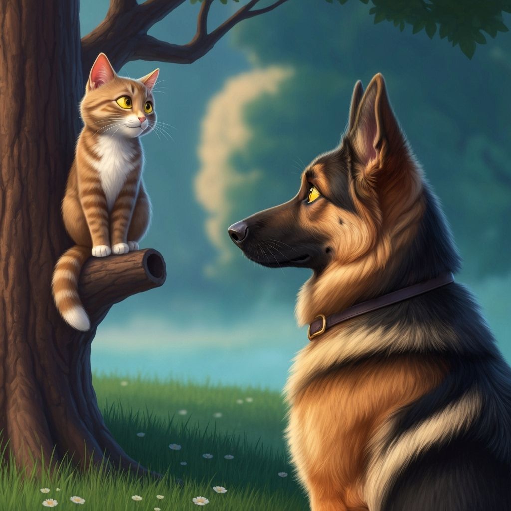German Shepherd Watches Cat in Tree, 3D Pixar Disney Style