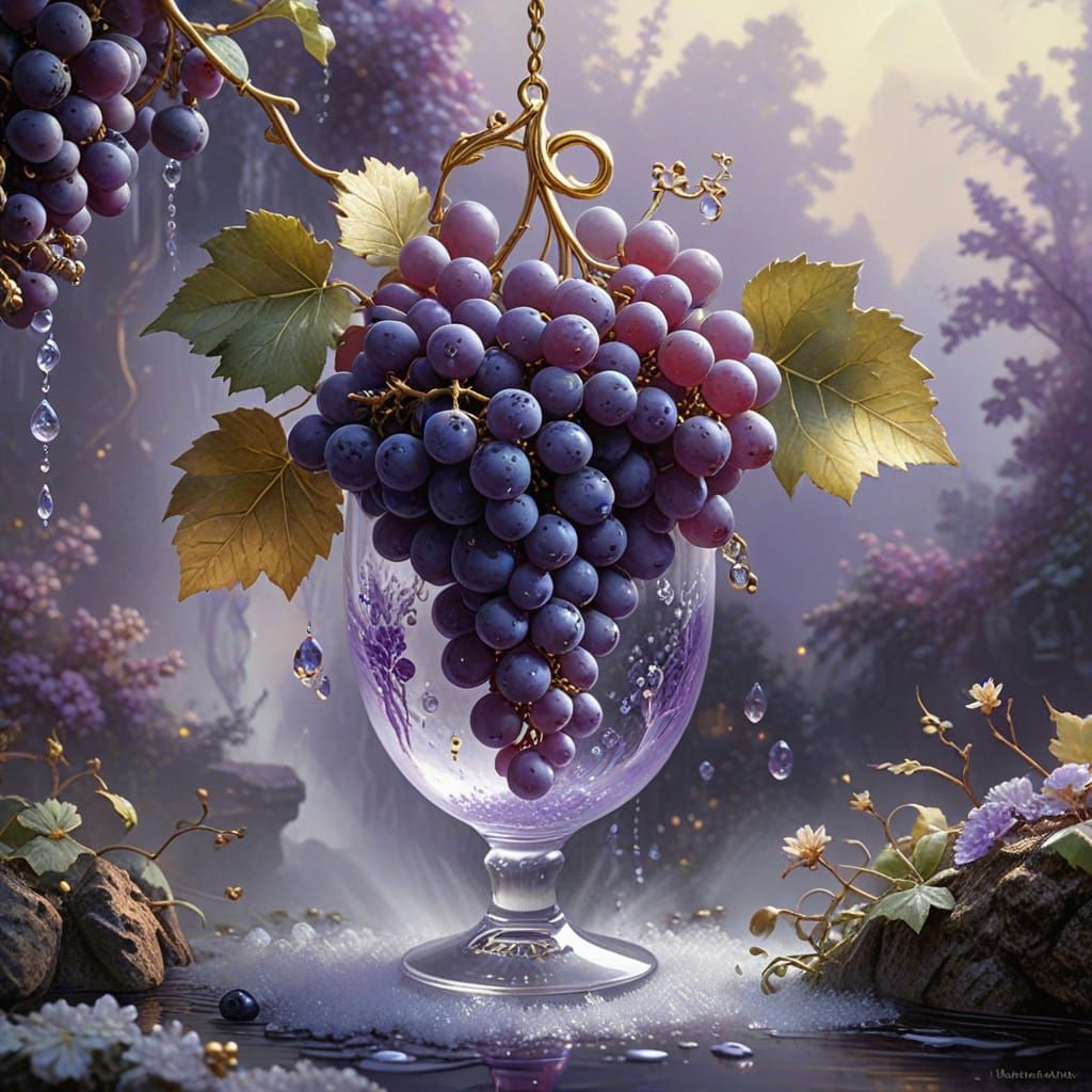 Crystal Grapes with Golden Swirls and Blossoms