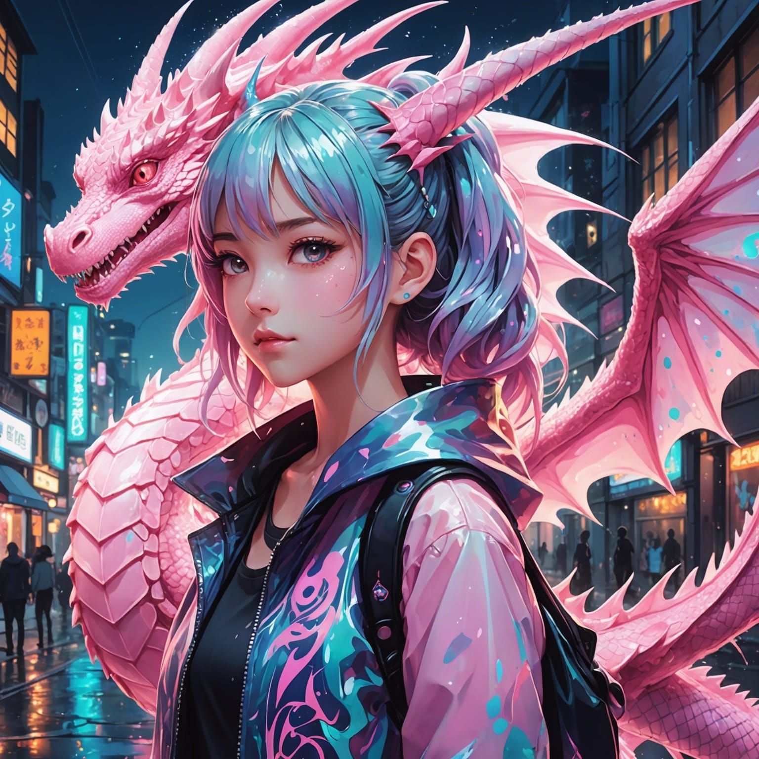 Anime Dragon Girl with Slime in Graffiti Art Style