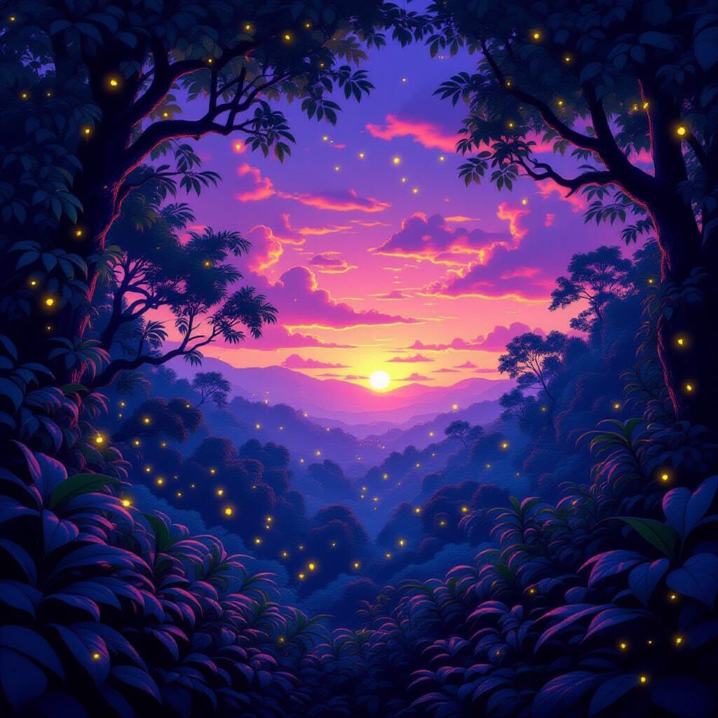 Enchanted Forest with Fireflies at Sunset: Digital Matte Pai...
