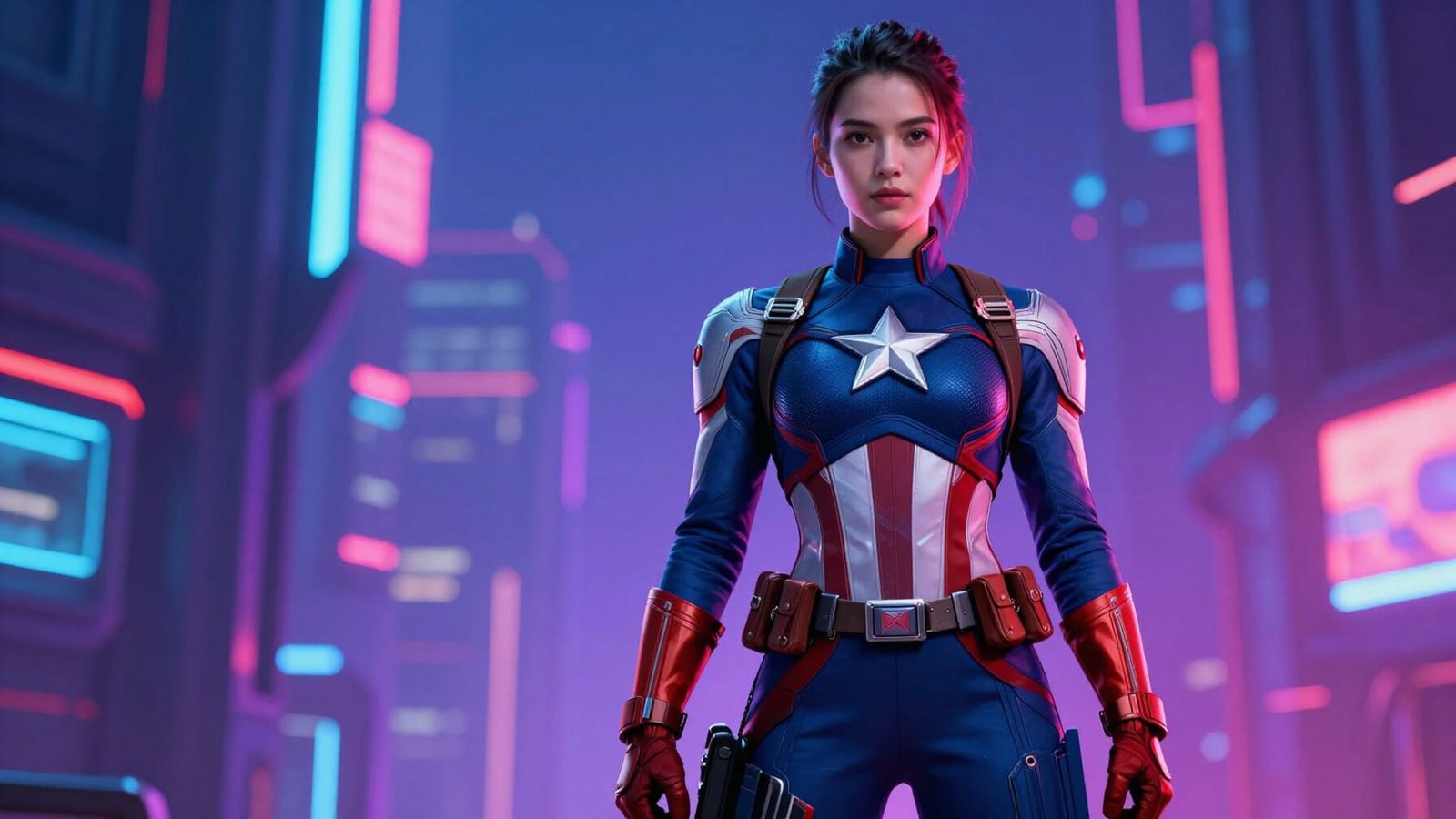Cyberpunk Captain America Woman in Neon Cityscape