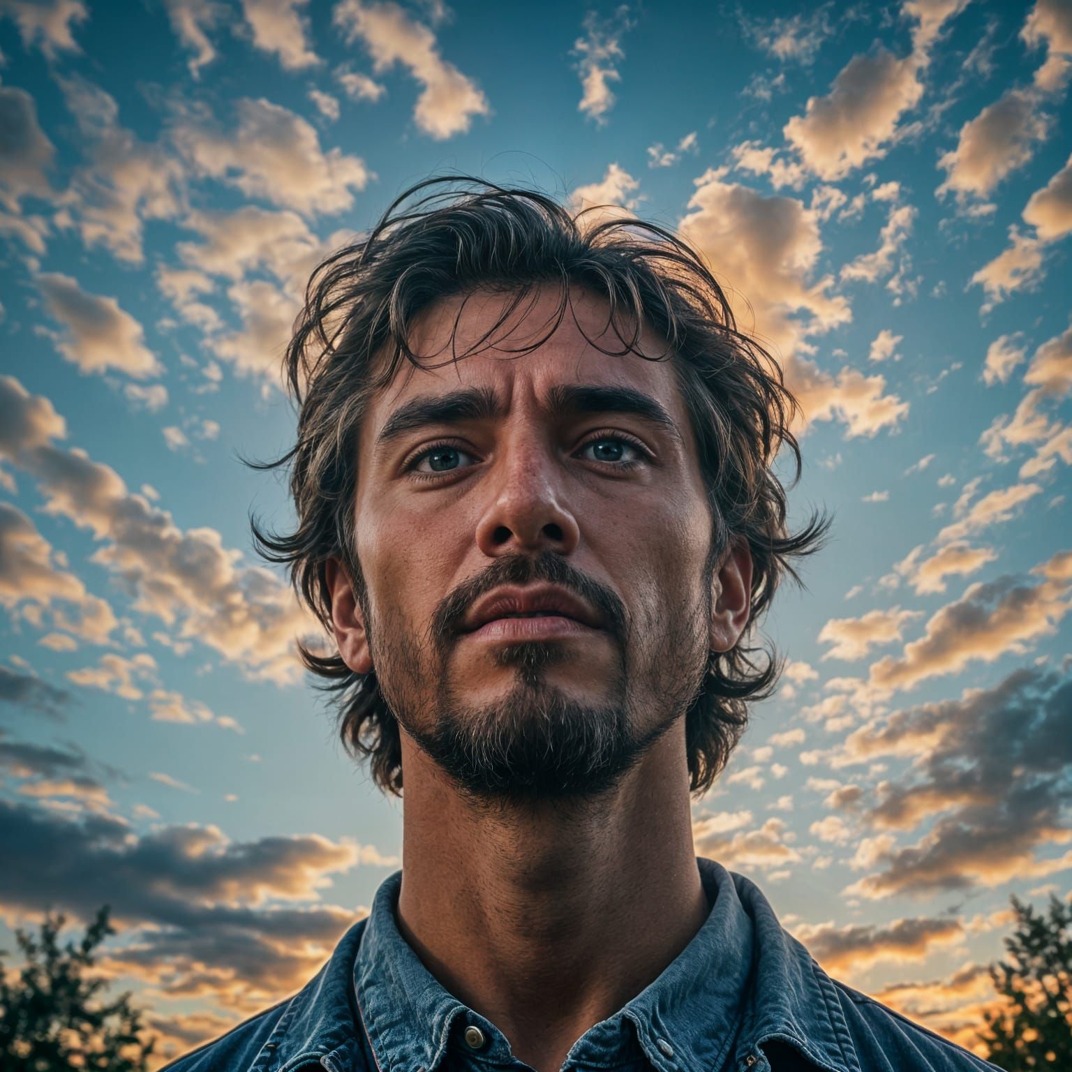 Contemplative Man in Hyperrealistic Twilight Setting