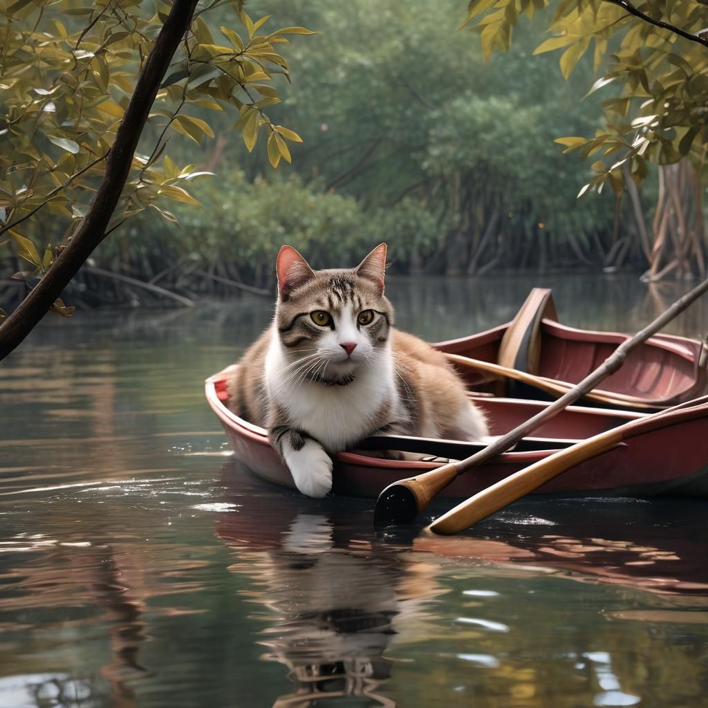Cat in a Boat on Louisiana Mangrove, Watercolor