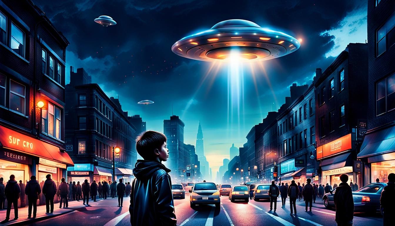 Boy Awestruck by UFO Hovering Over City