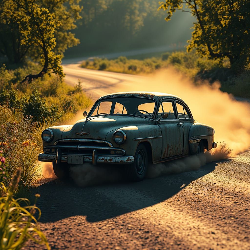 Rusty Zaporožec Speeds Down Countryside Road in Golden Hour